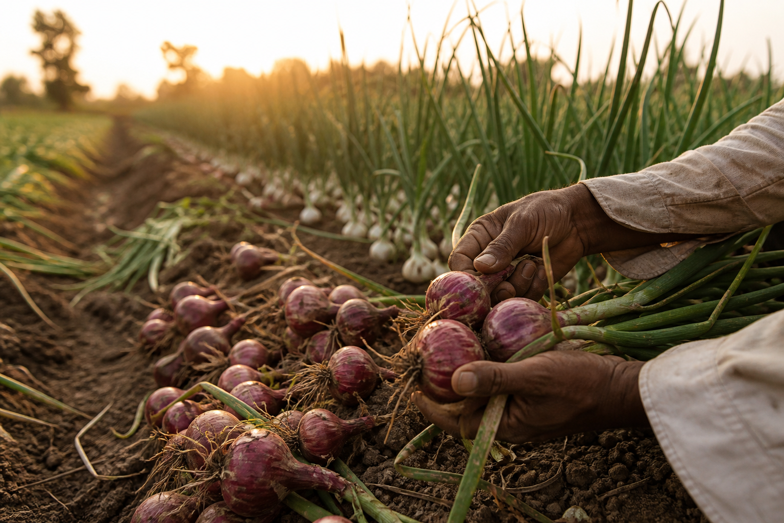 Onion and garlic crops growing in Indian agricultural fields at harvest light