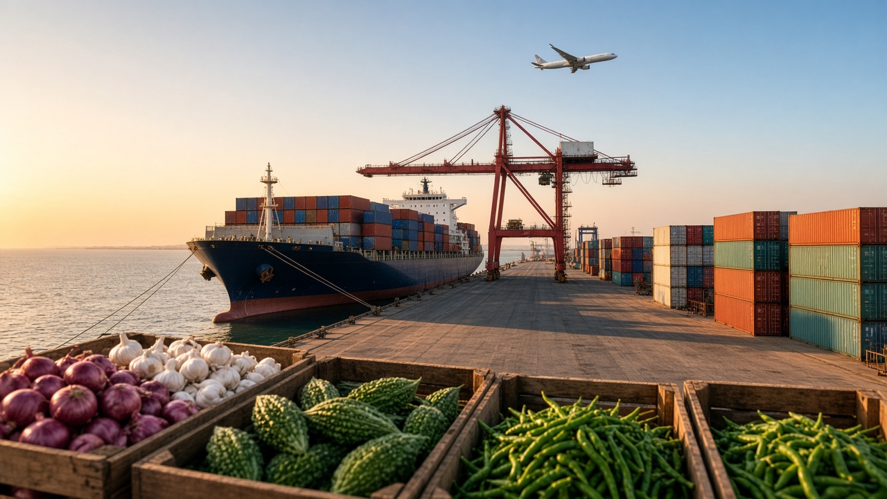 Indian export harbour with cargo ship, shipping containers, aircraft and fresh produce ready for supply